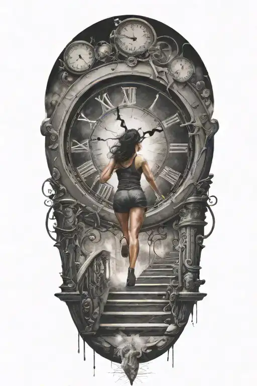 Breaking Reality, Simulation Theory, Woman Running Up Stairs To A Clock Before Time runs out black hole tattoo design idea