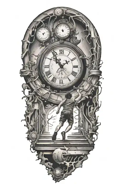 breaking reality, simulation theory, woman running up stairs to a clock, black hole before time runs out tattoo design idea