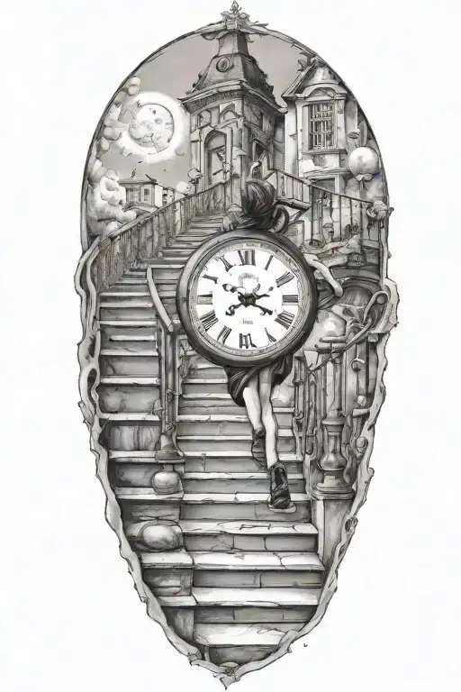 life is a simulation woman running up never ending stairs with a clock tattoo design idea