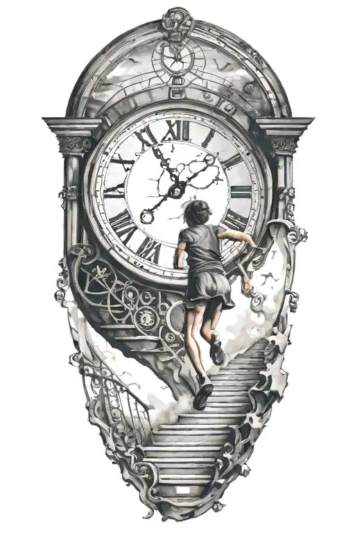breaking reality, simulation theory, woman running up stairs to a clock, black hole before time runs out tattoo design idea