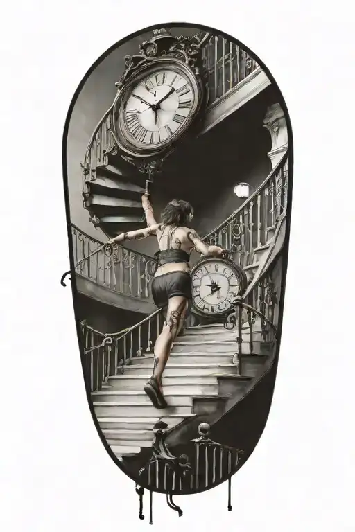 strings controlling a woman running up stairs to a clock tattoo design idea