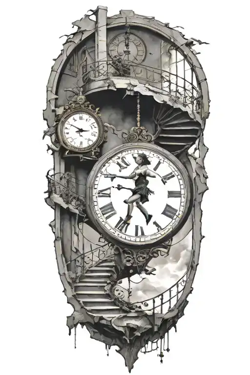 strings controlling a woman running up stairs to a clock tattoo design idea