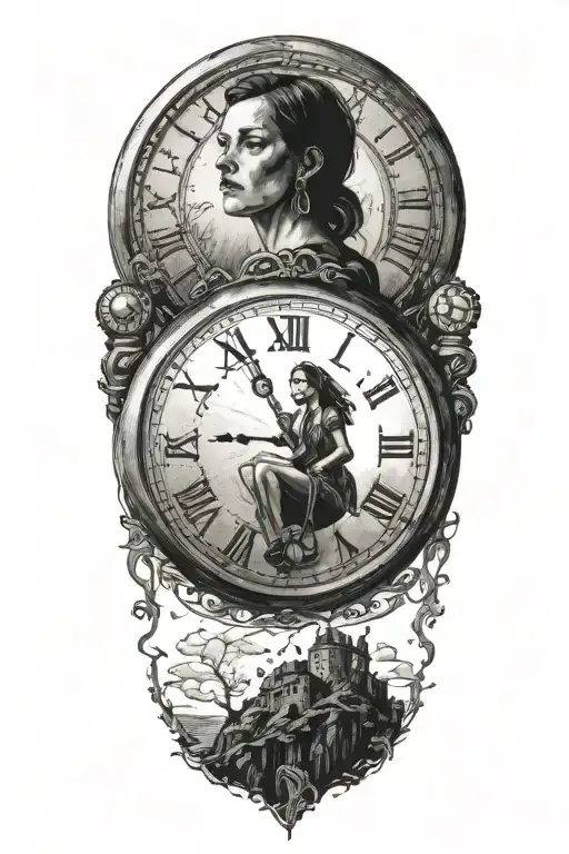 life is a simulation woven with scary woman with a clock running up stairs tattoo design idea