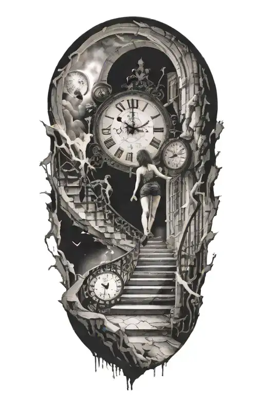 breaking reality, simulation theory, woman running up stairs to a clock, black hole before time runs out tattoo design idea
