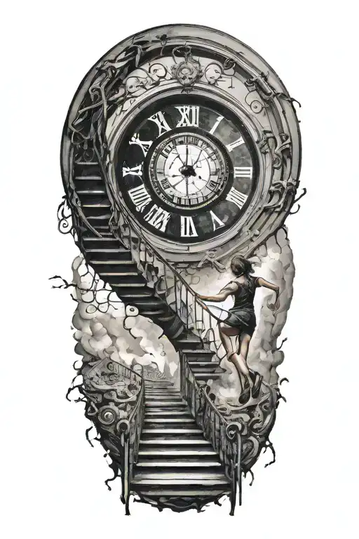 Breaking Reality Simulation Theory Woman Running Up Stairs To a clock Before Time runs out black hole alternate universe tattoo design idea
