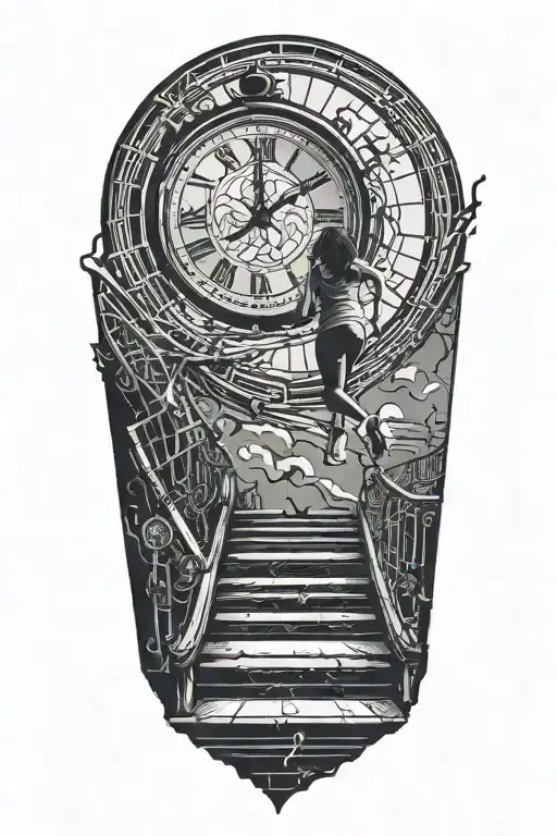 Breaking Reality Simulation Theory Woman Running Up Stairs To a clock Before Time runs out black hole alternate universe tattoo design idea