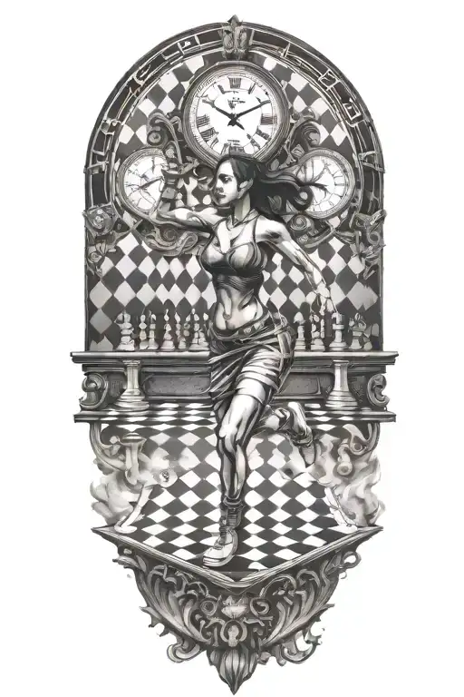simulation theory woman running up a chessboard with a clock tattoo design idea