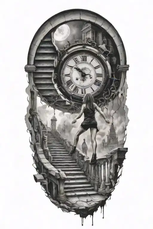 breaking reality, simulation theory, woman running up stairs to a clock, black hole before time runs out tattoo design idea