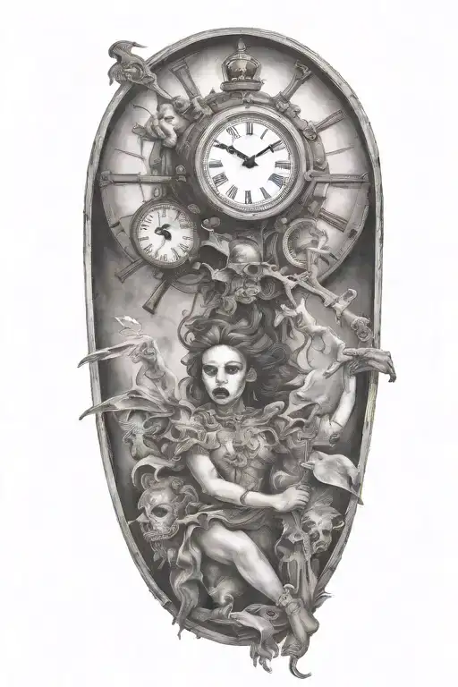 game over people dying and restarting falling clock scary woman puppet master tattoo design idea