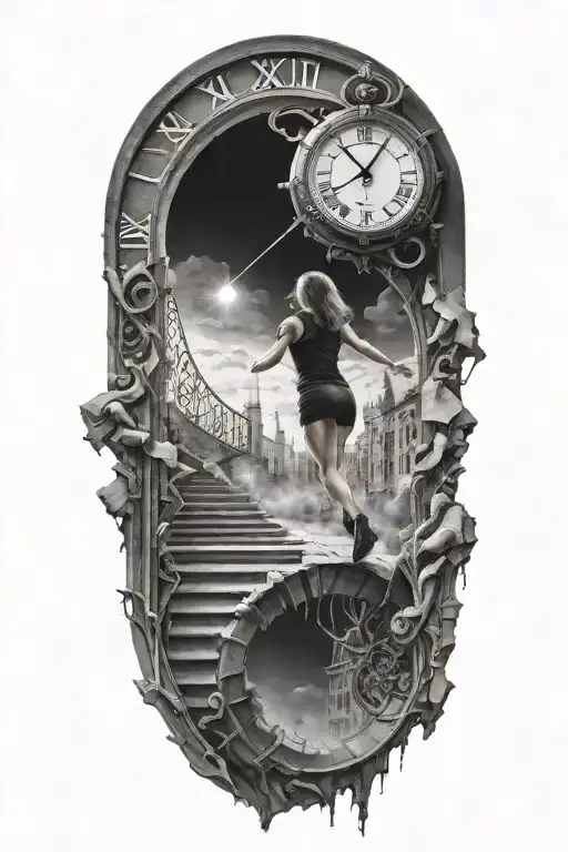 breaking reality, simulation theory, woman running up stairs to a clock, black hole before time runs out tattoo design idea