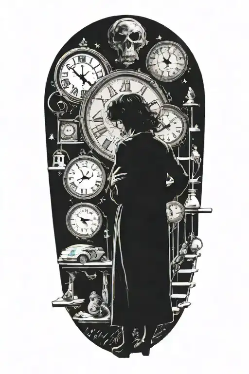 life is a simulation theory space and time woman with clock and stairs puppet master  tattoo design idea