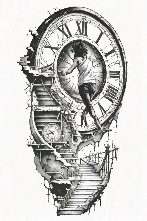 Breaking Reality Simulation Theory Woman Running Up Stairs To a clock Before Time runs out black hole alternate universe tattoo design idea