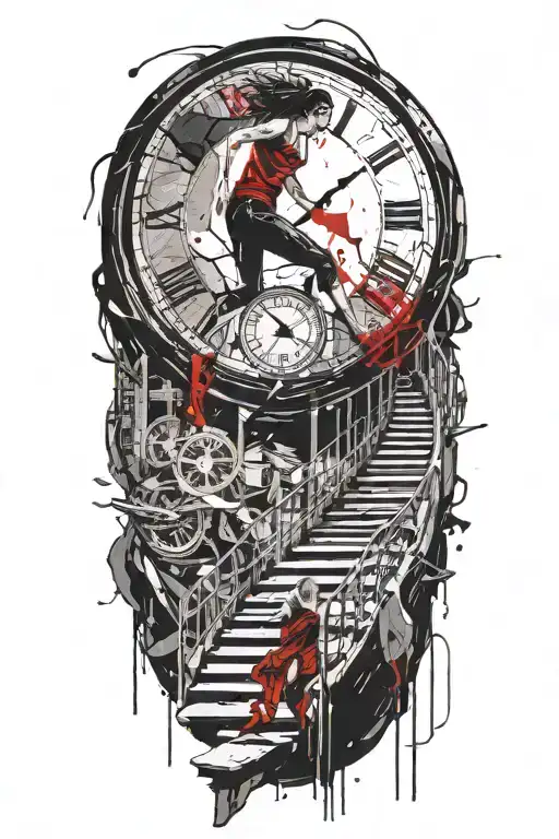 Breaking Reality Simulation Theory Woman Running Up Stairs To a clock Before Time runs out black hole alternate universe tattoo design idea