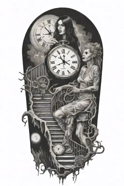life is a simulation theory woven with scary woman with a clock running up stairs tattoo design idea