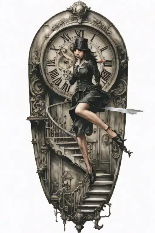 puppet master controlling woman running up stairs to a clock tattoo design idea