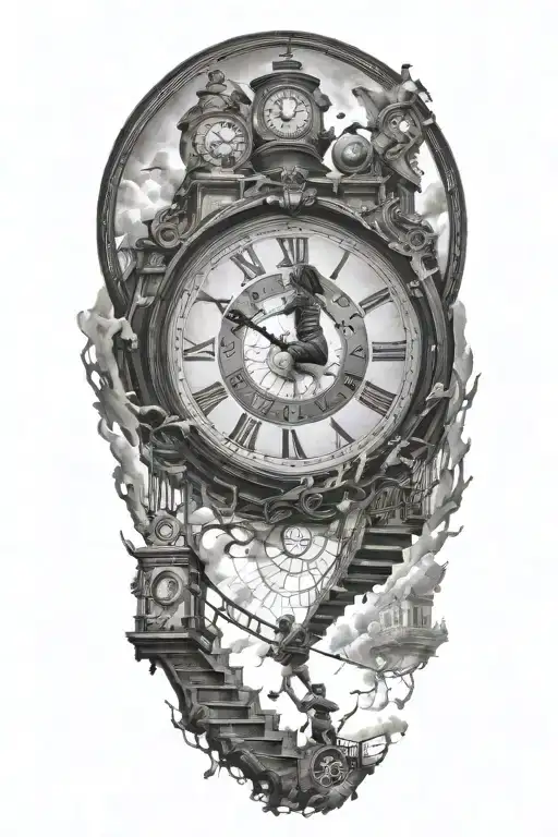 breaking reality, simulation theory, woman running up stairs to a clock, black hole before time runs out tattoo design idea