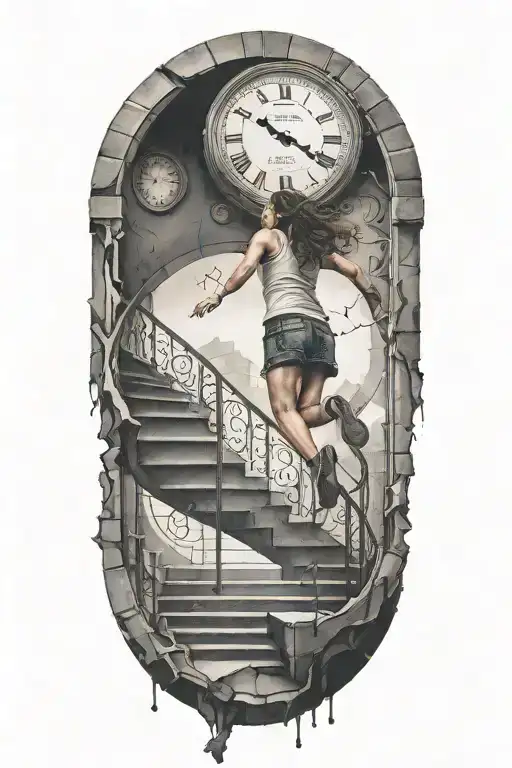 breaking free from reality, simulation theory clock woman running up stairs tattoo design idea