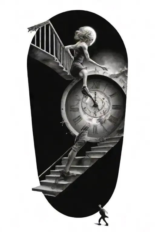 breaking reality, simulation theory, woman running up stairs to a clock, black hole before time runs out tattoo design idea