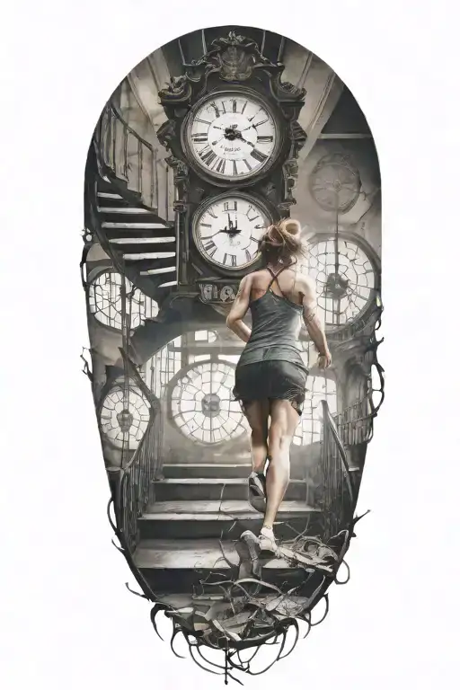 breaking reality, simulation theory, woman running up stairs to a clock tattoo design idea