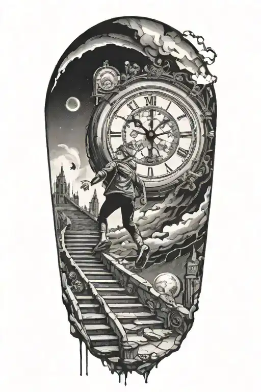breaking reality, simulation theory, woman running up stairs to a clock, black hole before time runs out tattoo design idea