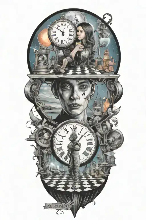 life is a simulation theory space and time woman with clock and stairs puppet master chess tattoo design idea