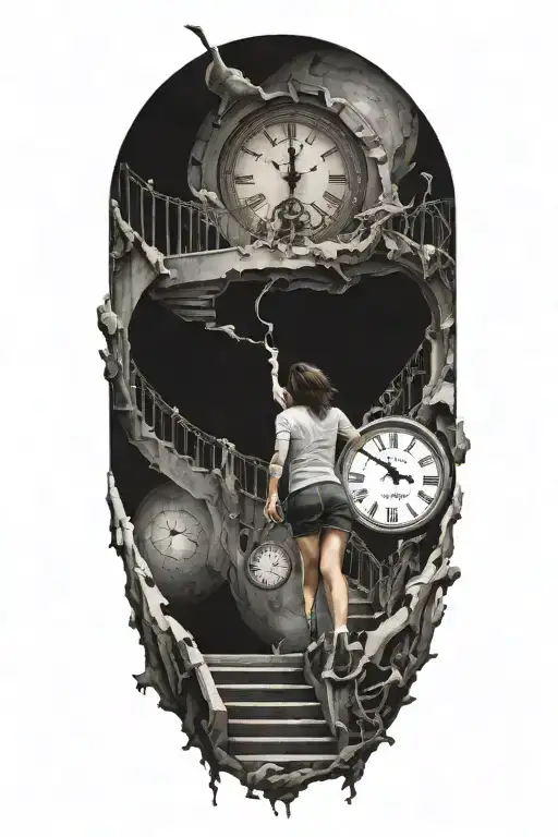breaking reality, simulation theory, woman running up stairs to a clock, black hole before time runs out tattoo design idea