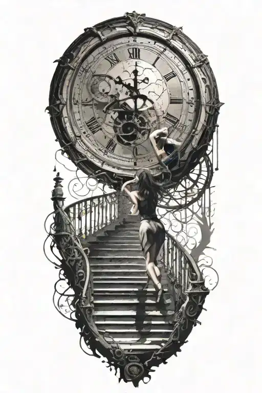 Breaking Reality Simulation Theory Woman Running Up Stairs To a clock Before Time runs out black hole alternate universe tattoo design idea