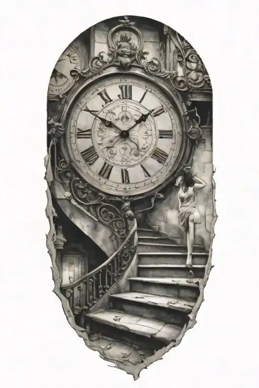 woman running up stairs leading to clock tattoo design idea
