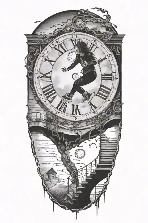 breaking reality, simulation theory, woman running up stairs to a clock, black hole before time runs out tattoo design idea