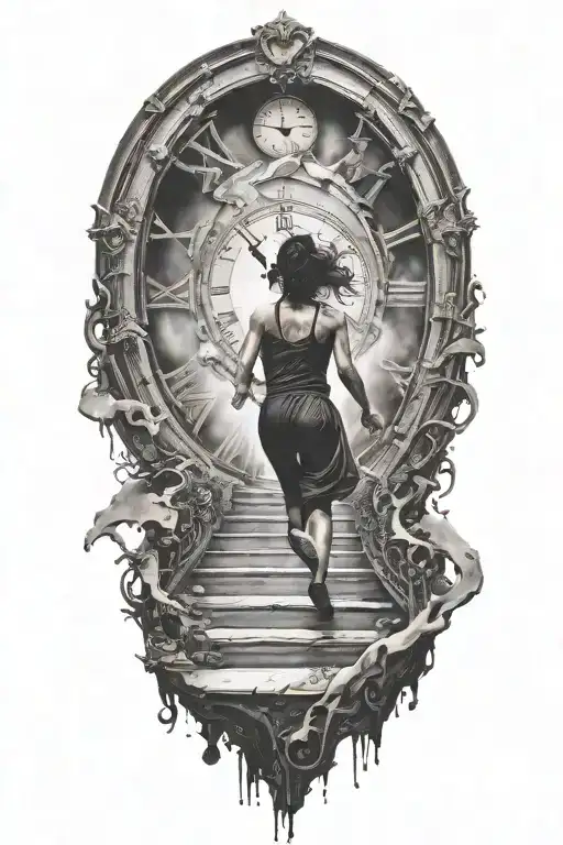 Breaking Reality Simulation Theory Woman Running Up Stairs To A Clock Before Time runs out black hole alternate universe tattoo design idea