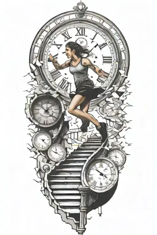 breaking reality, simulation theory, woman running up stairs to a clock tattoo design idea
