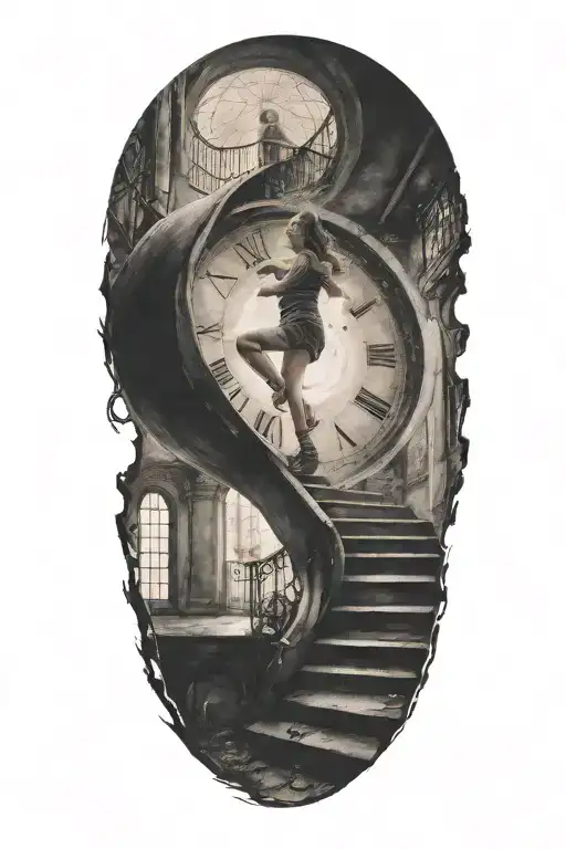 Breaking Reality Simulation Theory Woman Running Up Stairs Before Time runs out black hole alternate universe tattoo design idea