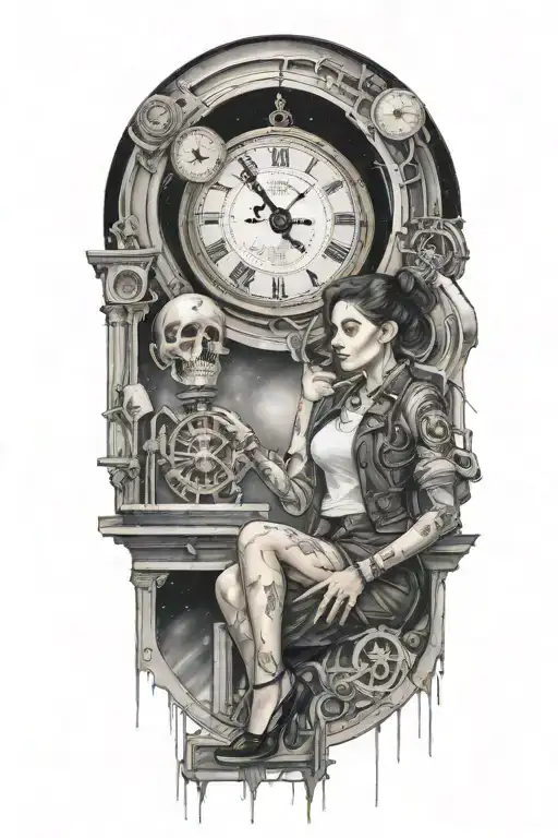 life is a simulation theory space and time woman with clock and stairs puppet master  tattoo design idea