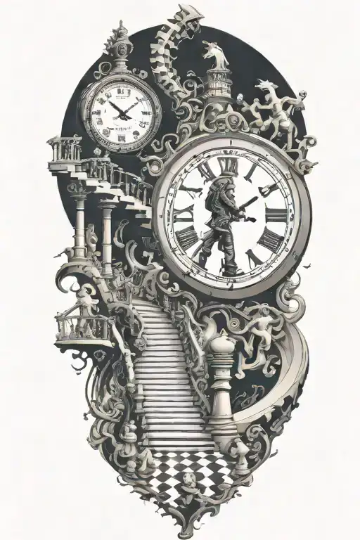 life is a simulation theory, chess, scary woman running up endless stairs, clock, space and time tattoo design idea