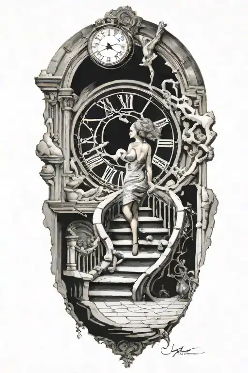 mc esher style, salvador dali, simulation theory,woman,stairs, clock, black hole tattoo design idea