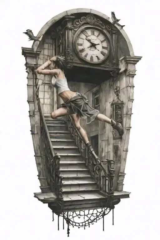 strings controlling a woman running up stairs to a clock tattoo design idea