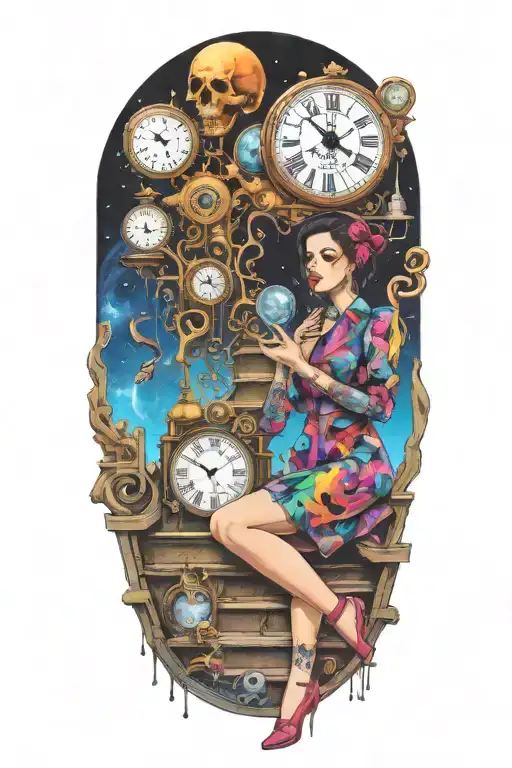 life is a simulation theory space and time woman with clock and stairs puppet master  tattoo design idea