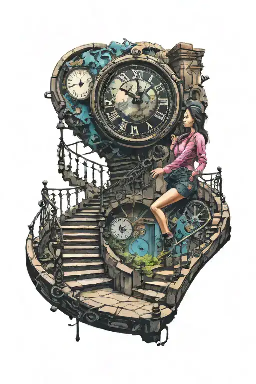 life is a simulation theory clock woman  stairs scary  tattoo design idea