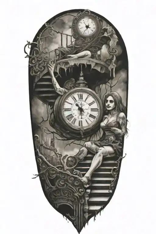life is a simulation woven with scary woman with a clock running up stairs tattoo design idea