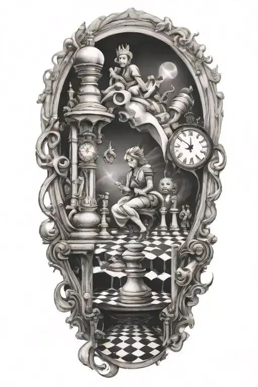 life is a simulation theory, chess, scary woman, stairs, clock, space and time tattoo design idea