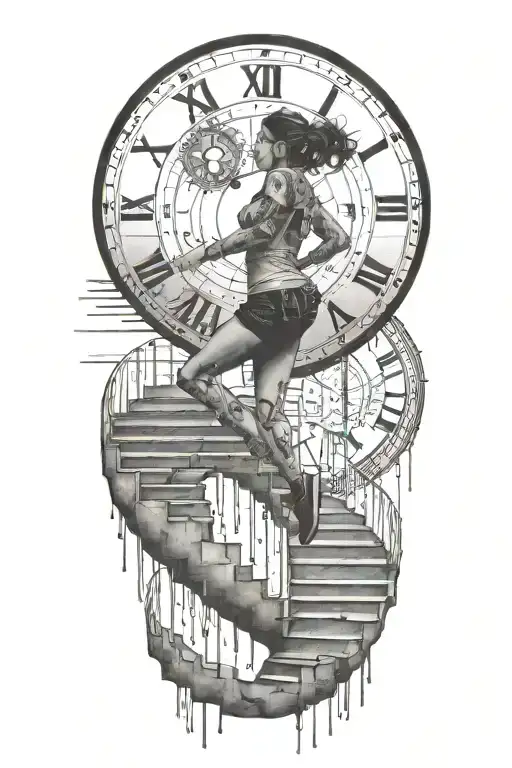 breaking free from reality, simulation theory clock woman running up stairs half in computer code tattoo design idea