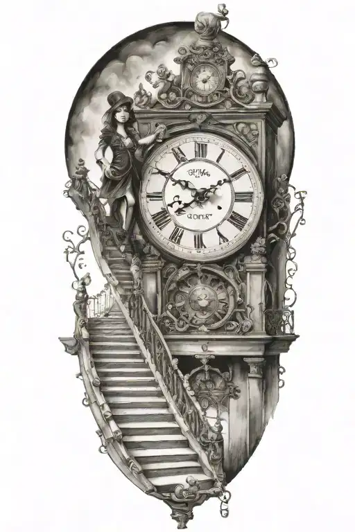 puppet master controlling woman running up stairs to a clock tattoo design idea