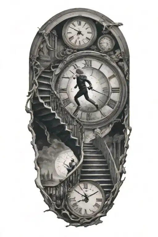 breaking reality, simulation theory, woman running up stairs to a clock, black hole before time runs out tattoo design idea