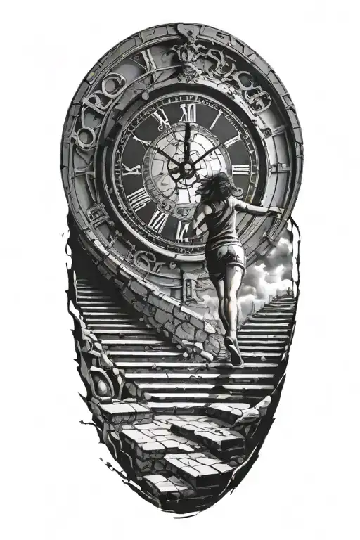 Breaking Reality Simulation Theory Woman Running Up Stairs To a clock Before Time runs out black hole alternate universe tattoo design idea
