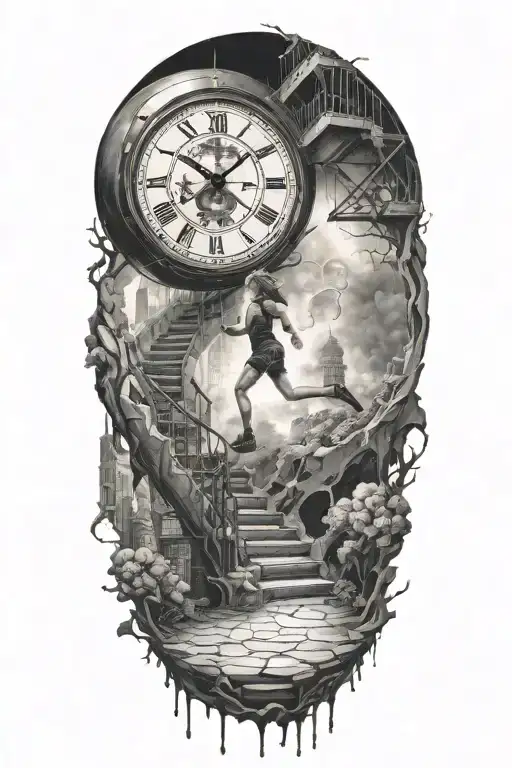 breaking reality, simulation theory, woman running up stairs to a clock, black hole before time runs out tattoo design idea