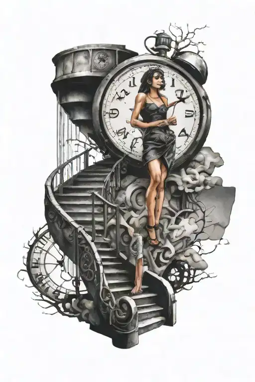 life is a simulation theory clock woman  stairs scary  tattoo design idea