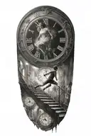 breaking reality, simulation theory, woman running up stairs to a clock, black hole before time runs out tattoo design idea