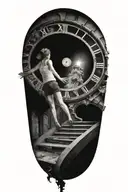 breaking reality, simulation theory, woman running up stairs to a clock, black hole before time runs out tattoo design idea