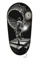 breaking reality, simulation theory, woman running up stairs to a clock, black hole before time runs out tattoo design idea