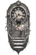 Breaking Reality Simulation Theory Woman Running Up Stairs To A Clock Before Time runs out black hole alternate universe tattoo design idea